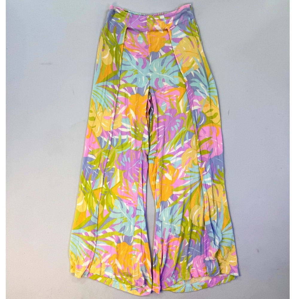 Billabong Tropical Palm Leaf Wide Leg Pants Pastel Smocked Back Slit Size Large